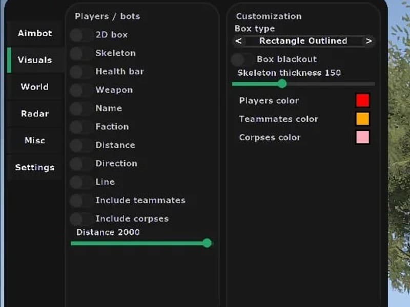 Arma 3 cheat gameplay screenshot 1 — ESP overlay showing players and loot