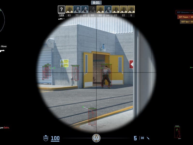 Counter-Strike 2 cheat gameplay screenshot 1 — ESP overlay showing players and loot
